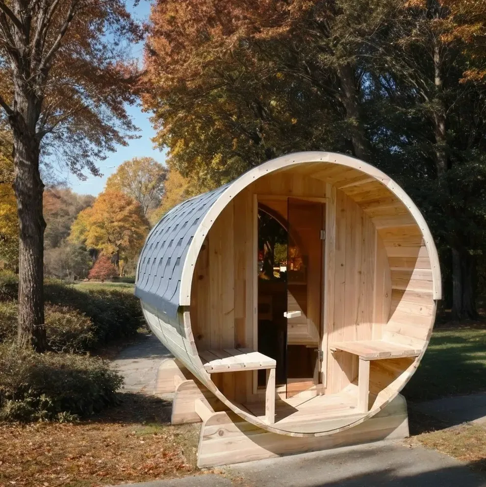 Sauna tonneau Kelo à porche 6 places Ø 180 × 240 cm, vue 2 sur 8