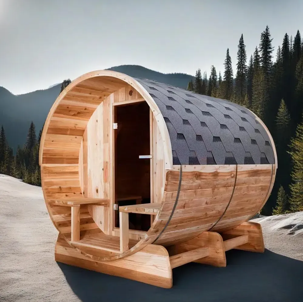 Sauna tonneau Kelo à porche 6 places Ø 180 × 240 cm, vue 4 sur 8