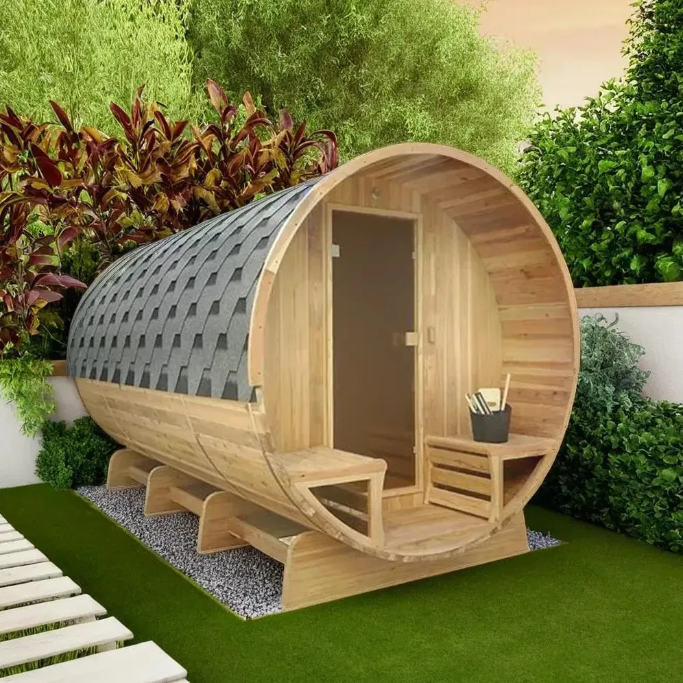 Sauna tonneau Kelo à porche 6 places Ø 180 × 240 cm, vue 7 sur 8