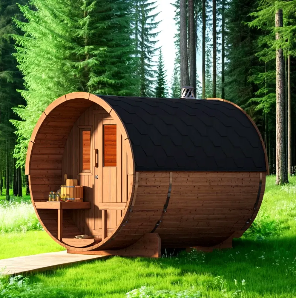 Sauna tonneau Kelo à porche 6 places Ø 180 × 240 cm, vue 8 sur 8