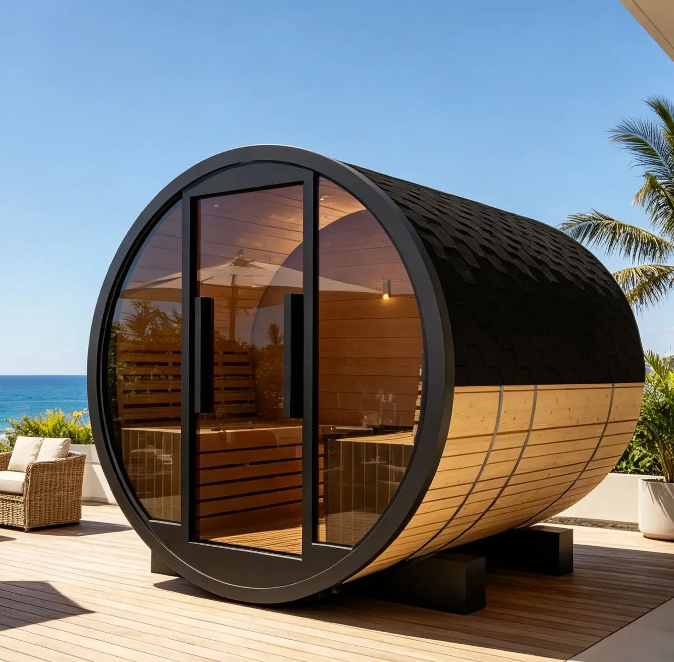 Sauna tonneau Noki 4 places Ø 180 × 180 cm, vue 3 sur 8