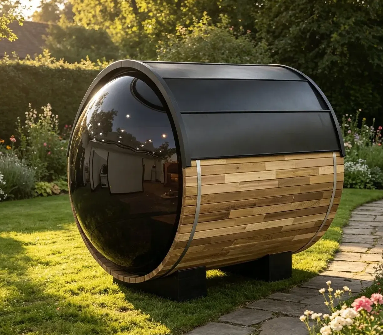 Sauna tonneau panoramique Kupoli 4 places Ø 180 × 180 cm, vue 4 sur 8