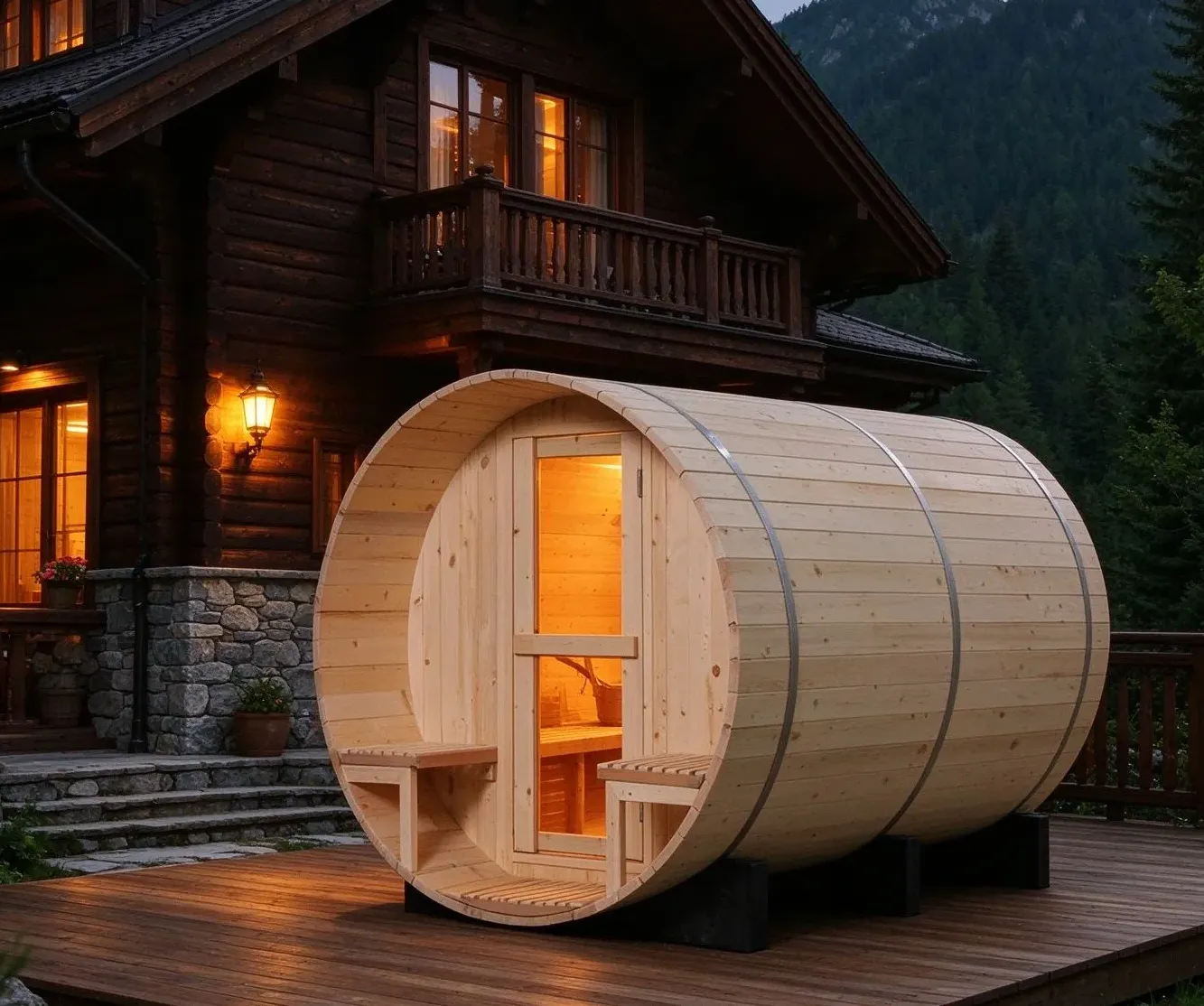 Sauna tonneau Saimaa 4 places Ø 180 × 180 cm, vue 5 sur 8