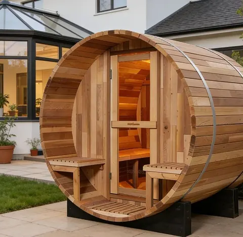 Sauna tonneau Saimaa teinte cèdre 4 places Ø 180 × 180 cm