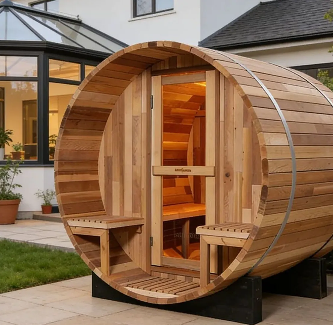 Sauna tonneau Saimaa teinte cèdre 4 places Ø 180 × 180 cm — sauna tonneau d'extérieur en bois massif