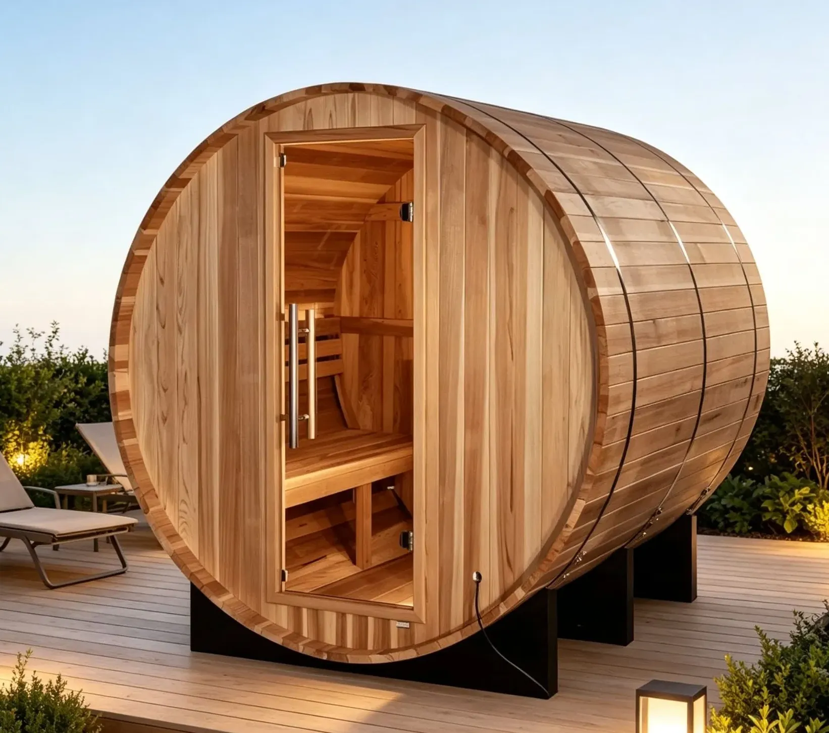Sauna tonneau Saimaa teinte cèdre 4 places Ø 180 × 180 cm, vue 2 sur 8
