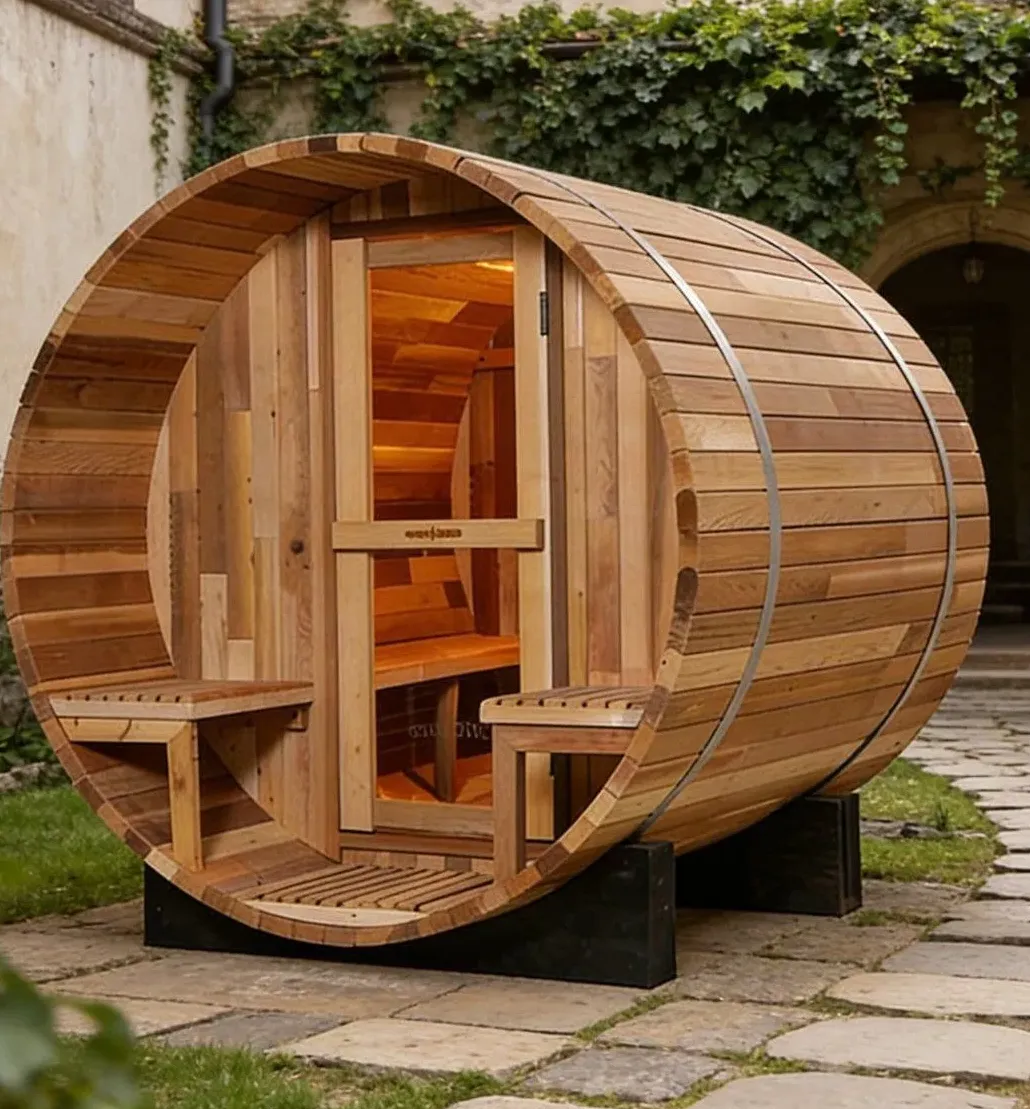 Sauna tonneau Saimaa teinte cèdre 4 places Ø 180 × 180 cm, vue 3 sur 8
