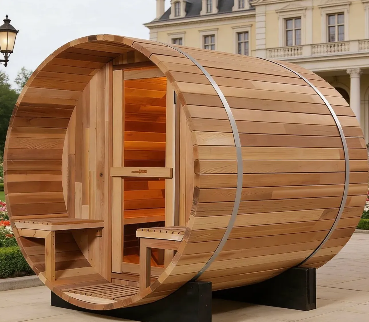 Sauna tonneau Saimaa teinte cèdre 4 places Ø 180 × 180 cm, vue 4 sur 8