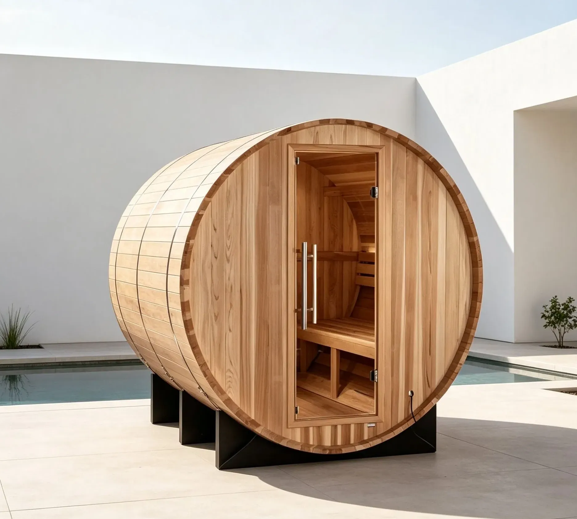 Sauna tonneau Saimaa teinte cèdre 4 places Ø 180 × 180 cm, vue 5 sur 8