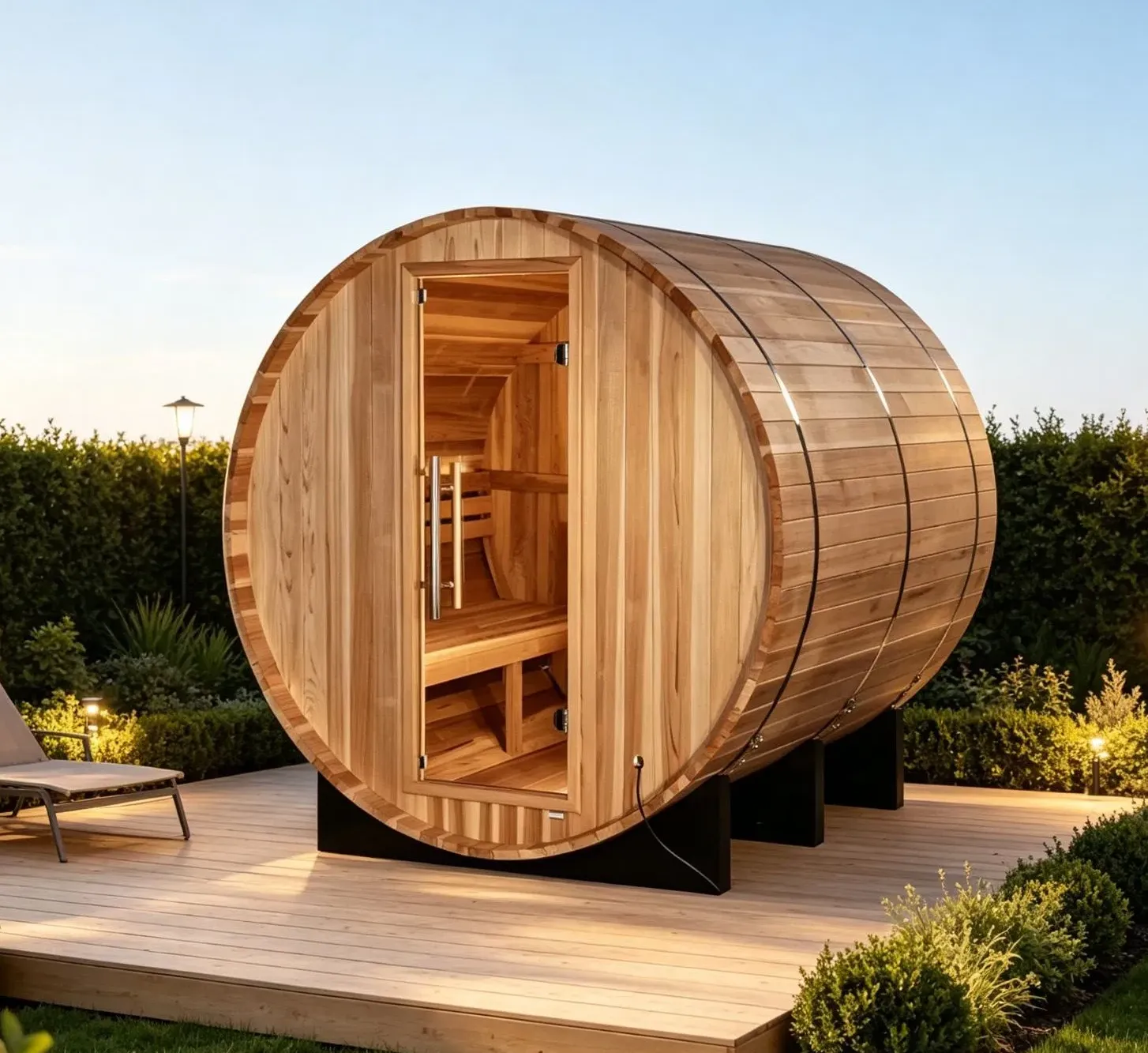 Sauna tonneau Saimaa teinte cèdre 4 places Ø 180 × 180 cm, vue 6 sur 8